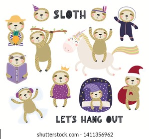 Set of cute sloth illustrations, astronaut, princess, winter, summer, sleeping. Isolated objects on white background. Hand drawn vector. Scandinavian style flat design. Concept for children print.