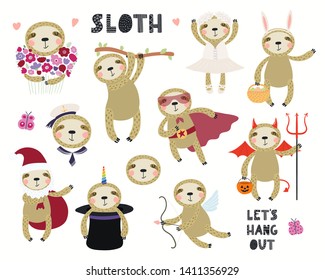Set of cute sloth illustrations, sailor, superhero, unicorn, Halloween, ballerina. Isolated objects on white background. Hand drawn vector. Scandinavian style flat design. Concept for children print.