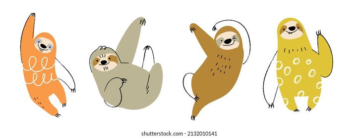 Set Of Cute Sloth Vector. Lovely Wildlife And Friendly Sloth Doodle Pattern In Different Poses With Flat Color. Adorable Funny Animal And Many Characters Hand Drawn Collection On White Background.