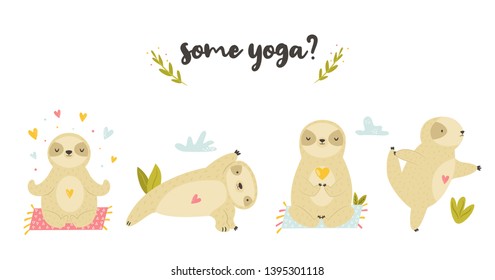 Set of cute sloths in asanas doing yoga. Illustration for baby shower, greeting cards, banners