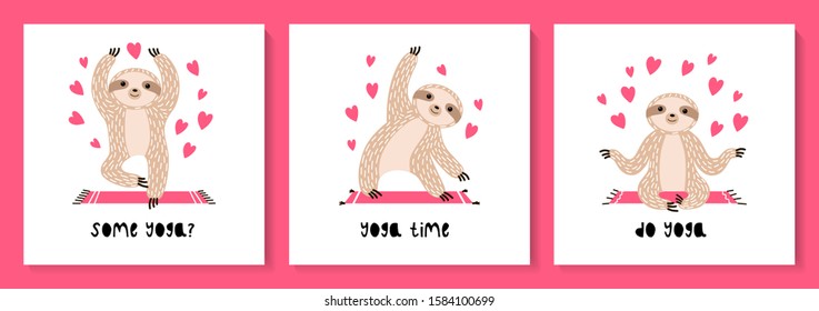 Set of cute sloths in asanas doing yoga. Illustration for greeting cards, banners