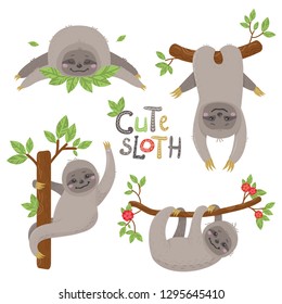Set of cute sloths character in various positions. Vector illustration for nursery poster, print for clothes and greeting card