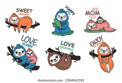 Set of cute sloths. Collection of tropical and exotic asian animals in doodle style. Stickers for social networks and messengers. Cartoon flat vector illustrations isolated on white background