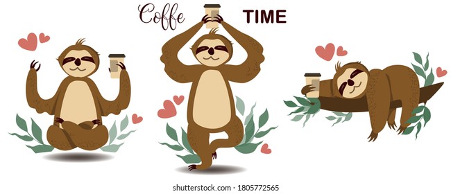 
Set Cute sloths drink coffee. Flat style. Coffee time lettering. 
Print for menus, textiles, t-shirts, sweatshirts.