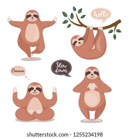 Set Of Cute Sloths Hanging On The Tree And Do Yoga. Cartoon Funny Sloth Collection. Vector Clipart