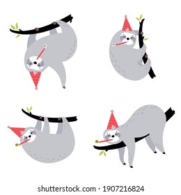 Set of cute sloths hanging on the tree. Lazy animal characters. Jungle animal collection with a birthday cap on their head. Design for t shirt print, greeting card, poster.Vector illustration.