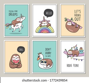 Set of cute sloths poster/card vector illustration