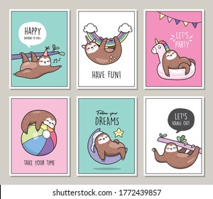 Set of cute sloths poster/card vector illustration