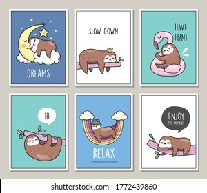 Set of cute sloths poster/card vector illustration	