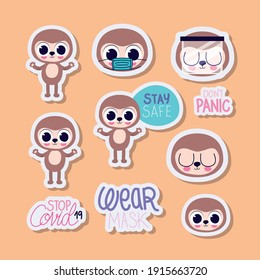 set of cute sloths stickers on a orange background vector illustration design