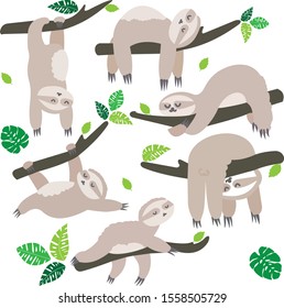 Set of cute sloths Vector Clipart Stock Illustration funny sloth character  collection Smiling and pretty animal relaxing Isolated on white background
