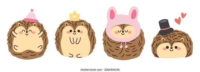 Set süße kleine Hedgehog in Kostümkartoon auf weißem Hintergrund.Tiere Figur in verschiedenen Posen Design.Porcupine handgezeichnet Sammlung.Kid Grafik.Kawaii.Isolated.Vector.Illustration.