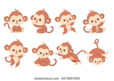 Set of cute small monkey cartoon animal design vector illustration isolated on white background