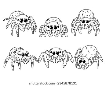 Set of cute small spiders. Collection of poisonous insects with cartoon eyes. Halloween. Desert animal. Vector illustration isolated on white background. Tattoo. 