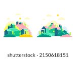 Set of cute small town scenes with hills and houses at day time vector illustration