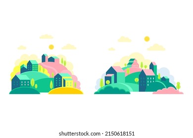 Set of cute small town scenes with hills and houses at day time vector illustration