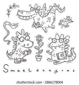 Set with  cute smart dragon. Funny crocodile collection. Reading reptile poster. Vector doodle line art. Illustration for children. Books and studying sticker pack.