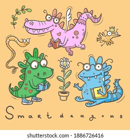 Set with  cute smart dragon. Funny crocodile collection. Reading reptile poster. Vector doodle line art. Illustration for children. Books and studying sticker pack.
