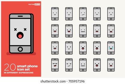 Set of Cute Smart Phone Emoji Line Icons In Different Expressions