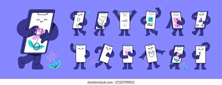 Defina o mascote bonito do smartphone em poses diferentes. Personagem de celular com rosto feliz e triste. O telefone é saudação, tirar foto, dançar, correr e chorar. Ilustrações isoladas planas de vetor