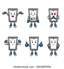 Set of cute smartphone mascot standing, thumbs up, angry, sad