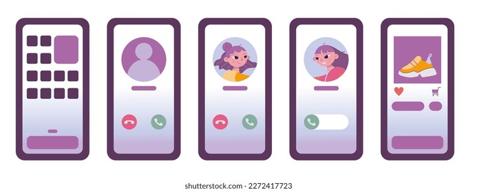 Set of cute smartphone screen interface, cartoon style. Incoming call, online store. Mobile phone display. Trendy modern vector illustration isolated on white background, hand drawn, flat design.