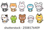 Set of cute smile face animals sit on white background.Zoo.Dog,rabbit,frog,penguin,bear hand drawn.Animal character cartoon.Kawaii.Vector.Illustration.