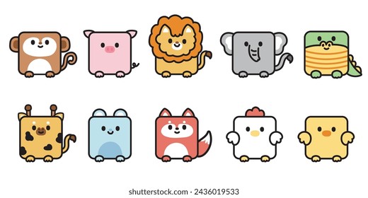 Set of cute smile face animals in square shape.Animal character cartoon design collection.Farm,wild,rodent,reptile,bird,pet.Isolated.Kid graphic.Kawaii.Vector.Illustration. 