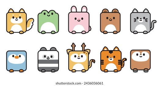 Set of cute smile face animals in square shape.Animal character cartoon design collection.Wild,rodent,reptile,bird,pet.Isolated.Kid graphic.Kawaii.Vector.Illustration. 