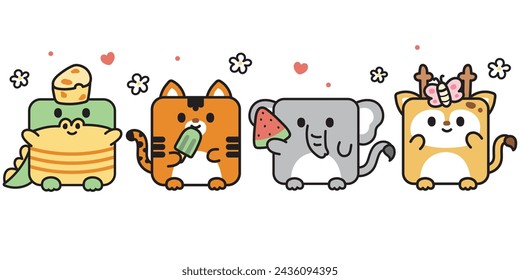 Set of cute smile face animals in square shape with various object.Crocodile,tiger,elephant,deer.Animal character cartoon design collection.Kid graphic.Kawaii.Vector.Illustration. 