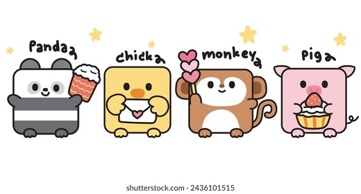 Set of cute smile face animals in square shape with various object.Panda bear,chicken,monkey,pig.Animal character cartoon design collection.Kid graphic.Kawaii.Vector.Illustration. 