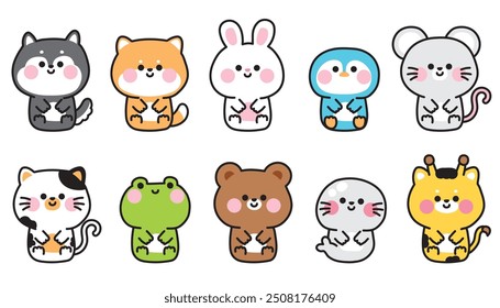 Conjunto de animales lindos de la cara de la sonrisa se sientan en el fondo blanco. Zoo.Dog, conejo, rana, pingüino, oso dibujado a mano. Dibujos animados de personajes animales. Kawaii. Vector. Ilustración.