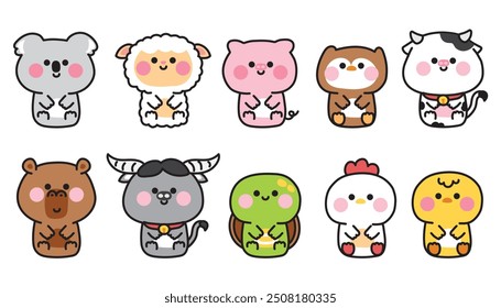 Set of cute smile face animals sit on white background.Zoo.Capybara,sheep,pig,koala bear,owl hand drawn.Animal character cartoon.Kawaii.Vector.Illustration.