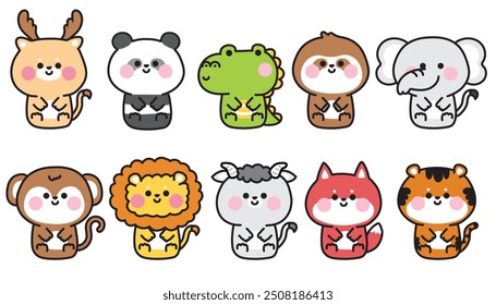 Conjunto de animales lindos de la cara de la sonrisa se sientan en el fondo blanco. Zoo.Deer, oso panda, cocodrilo, león, tigre dibujado a mano. Dibujos animados de personajes animales. Kawaii. Vector. Ilustración.