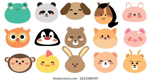 Set of cute smile face animals sit on white background, Zoo. Dog, rabbit, frog, penguin, bear, etc, hand drawn.Animal character cartoon.Kawaii