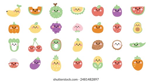 Conjunto de linda sonrisa cara varias frutas y verduras.Fresh.Character diseño de dibujos animados colección.Imagen para tarjeta, póster, ropa de bebé.Kawaii.Vector.Ilustración