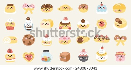 Set of cute smile face various bread and sweet.Bakery.Chocolate and strawberry flavor dessert.Ice cream,donut,cookies,jam,candy.Cartoon character design.Kawaii.Vector.Illustration.