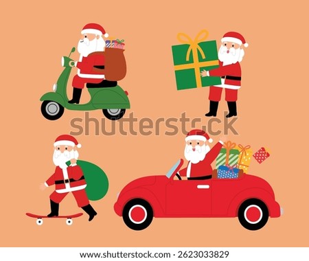 set of cute smile Santa Claus character riding motorcycle with christmas bag, holding giant gift box, skateboarding and carry a sack, driving a car with a Christmas present flat vector illustration