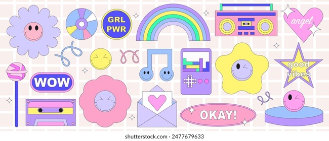 Set of cute smile sticker face in 90s style