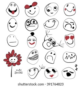 set of cute smiles with different emotions on white background. Childlike vector drawing illustrations