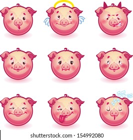 Set of cute smiles pigs. Vector illustration on white background.