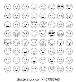 Set of cute smiley emoticons, emoj outline design isolated on white background, vector illustration