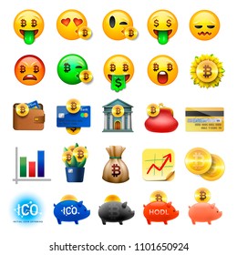 Set of cute smiley emoticons, emoji design, bicoin, business, crypto currency icons, vector ilustration.