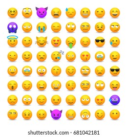 Set of cute smiley emoticons, emoji flat design isolated on white background, vector illustration. Faces, smiles, avatars