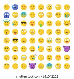 Set of cute smiley emoticons, emoji flat design isolated on white background, vector illustration. Faces, smiles, avatars