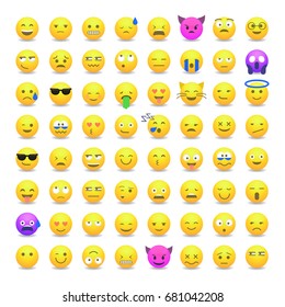 Set of cute smiley emoticons, emoji flat design isolated on white background, vector illustration. Faces, smiles, avatars