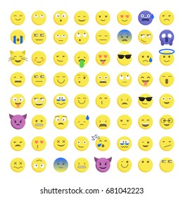 Set of cute smiley emoticons, emoji flat design isolated on white background, vector illustration. Faces, smiles, avatars