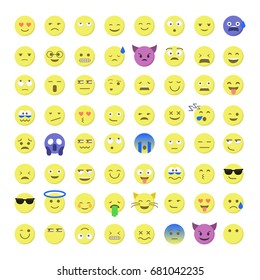 Set of cute smiley emoticons, emoji flat design isolated on white background, vector illustration. Faces, smiles, avatars