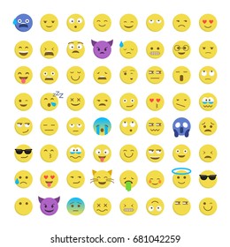 Set of cute smiley emoticons, emoji flat design isolated on white background, vector illustration. Faces, smiles, avatars
