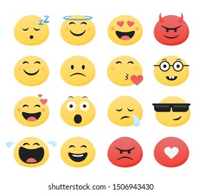 Set of cute smiley emoticons, flat design, vector illustration.